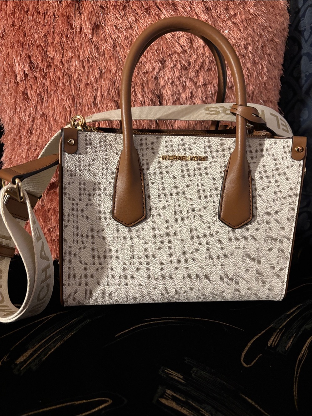 Michael Kors Cream Logo Satchel with Brown Trim